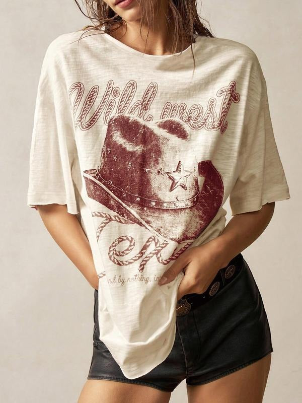 Bandit Top Bohemian Western Cowboy Print Knitted Round Neck Short Sleeve Loose Fit Women's T-Shirt, Summer Casual Style...