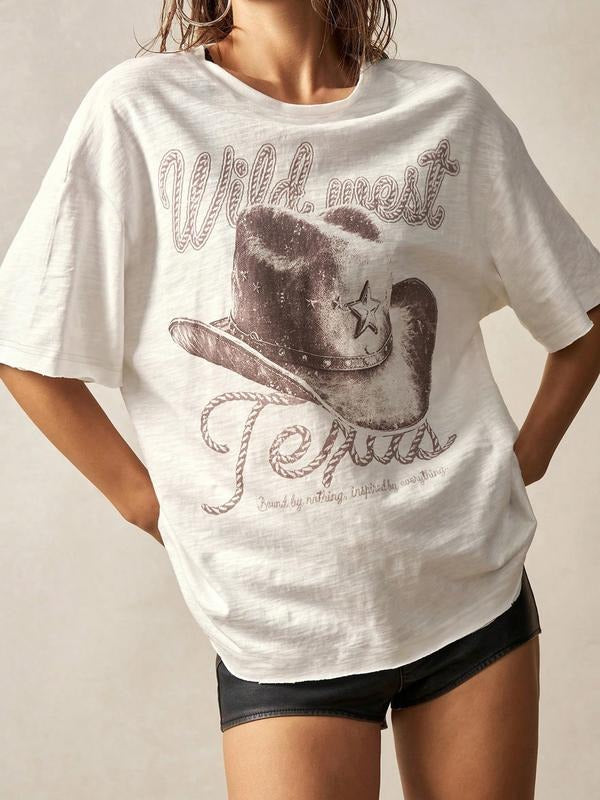 Bandit Top Bohemian Western Cowboy Print Knitted Round Neck Short Sleeve Loose Fit Women's T-Shirt, Summer Casual Style...