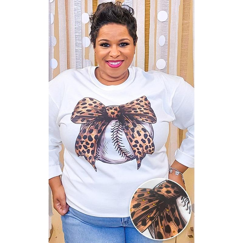Baseball Cheetah Bow Rhinestone Graphic Long Sleeve Shirt Hoodie, Sweatshirt | UrbanDripWear.com