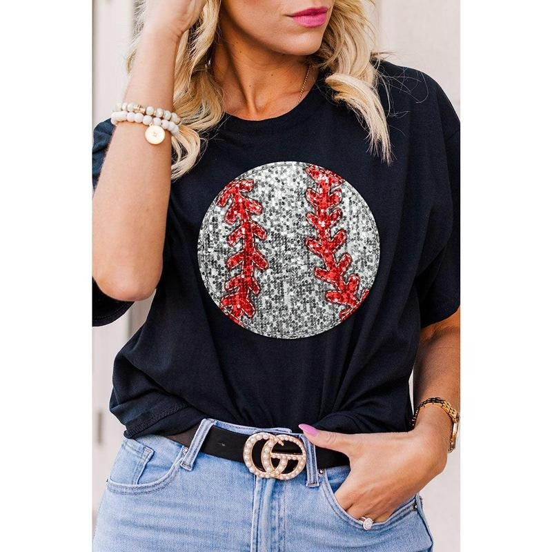 Baseball Faux Sequin Transfer Short Sleeve Relaxed Fit T-Shirt Hoodie, Sweatshirt | UrbanDripWear.com