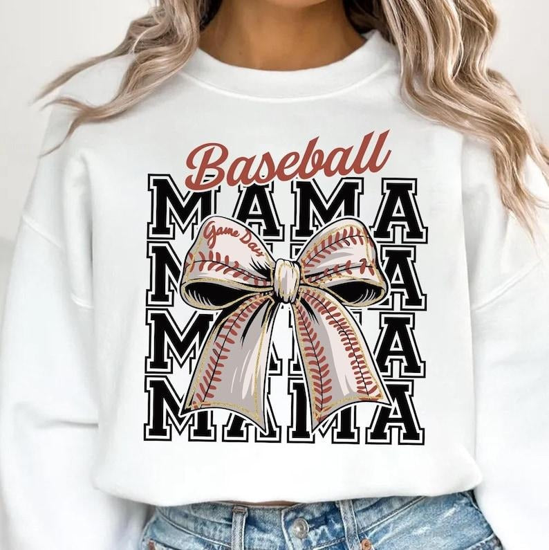 Baseball Mama , Baseball Coquette Bow , Baseball Mom , Retro Baseball , Game Day , Coquette Bow Sports Sweatshirt...