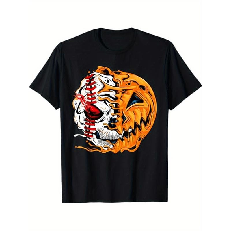 Baseball Player Halloween Pumpkin Skeleton Skull Boys Girls Teens T-Shirt, 100%Cotton, Halloween Thanksgiving Gifts for...