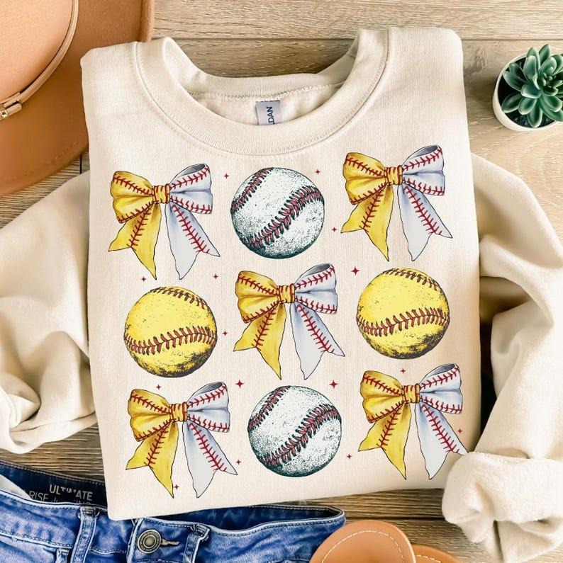 Baseball Softball Bow Sweatshirt Retro Sports Coquette Baseball Softball Mama Game Day T-Shirts, Hoodie | UrbanDripWear.com