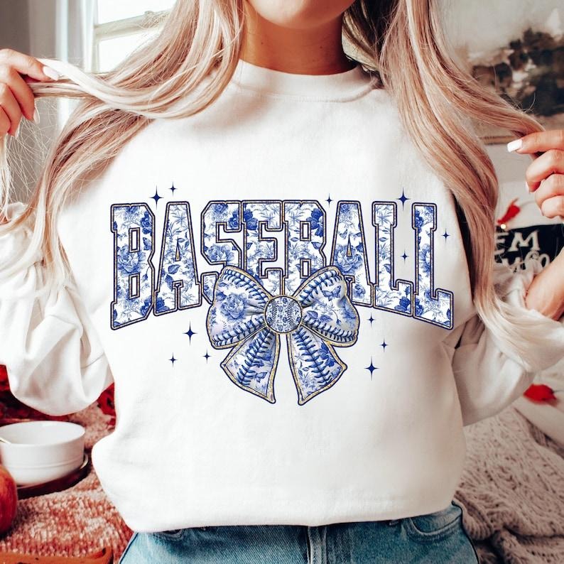 Baseball , Blue Chinoiserie Baseball , Baseball Varsity , Game Day , Blue Toile Baseball Bow , Baseball Mama Sweatshirt...