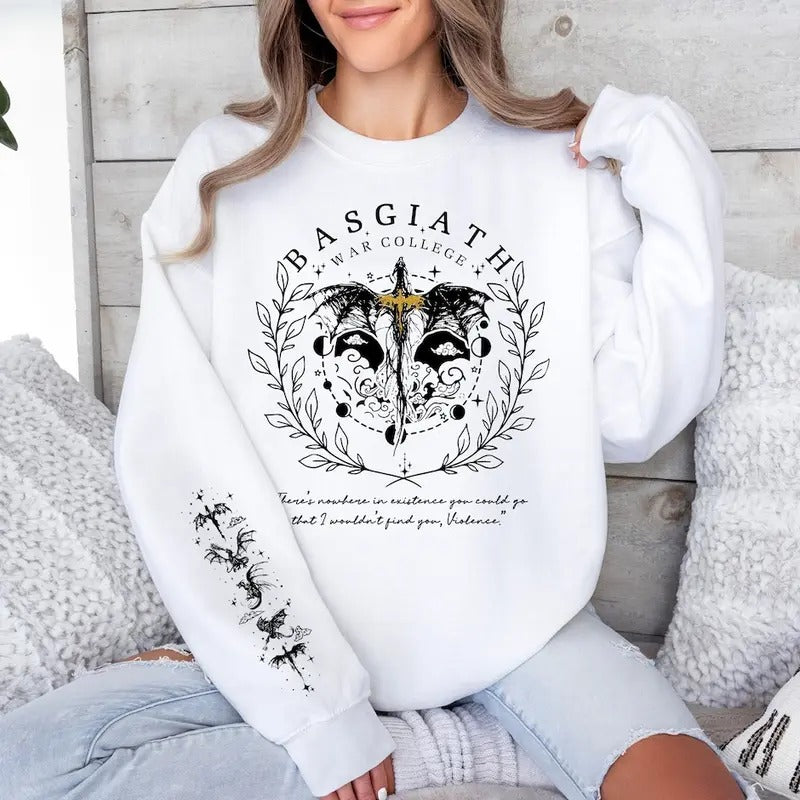 Basgiath War College Sweatshirt, Fourth Wing Shirt, Sleeve Printing, Dragon Rider Shirt, Fantasy Reader, Violet...
