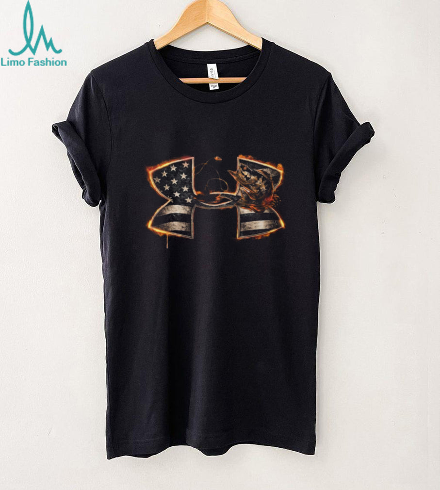 Bass Fishing Patriotic T Shirt Fire Glow American Flag and Large Mouth Bass