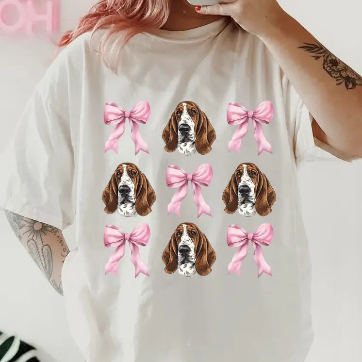Basset Hound with bows Shirt ~ Unisex Apparel Relaxed Fit Printed In The USA Clothing Womenswear Casual Comfort Cotton...