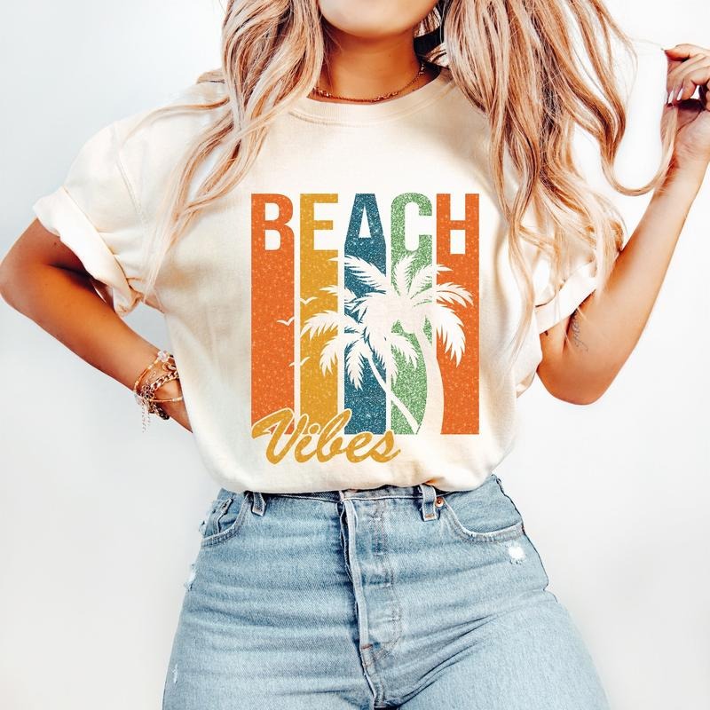 Beach Vibes T-Shirt, Beach T-Shirt, Retro Summer T-Shirt, Hello Summer T-Shirt, Summer Shirt Tropical Palm Tree Sunset...