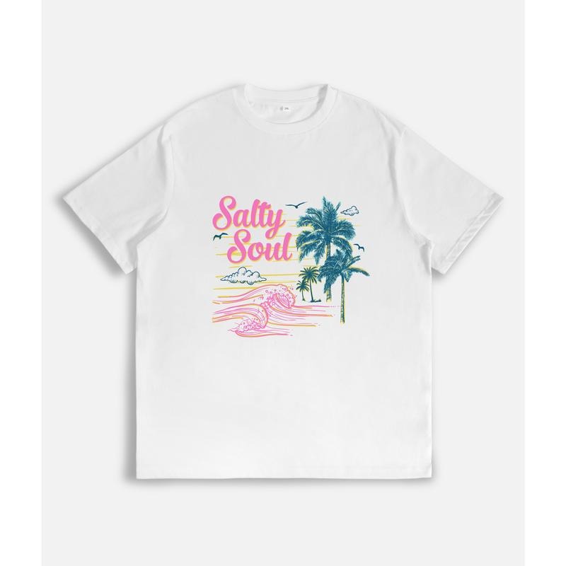 Beachy and Breezy T - Shirt: "Salty Soul" with Tropical Palm Tree and Ocean