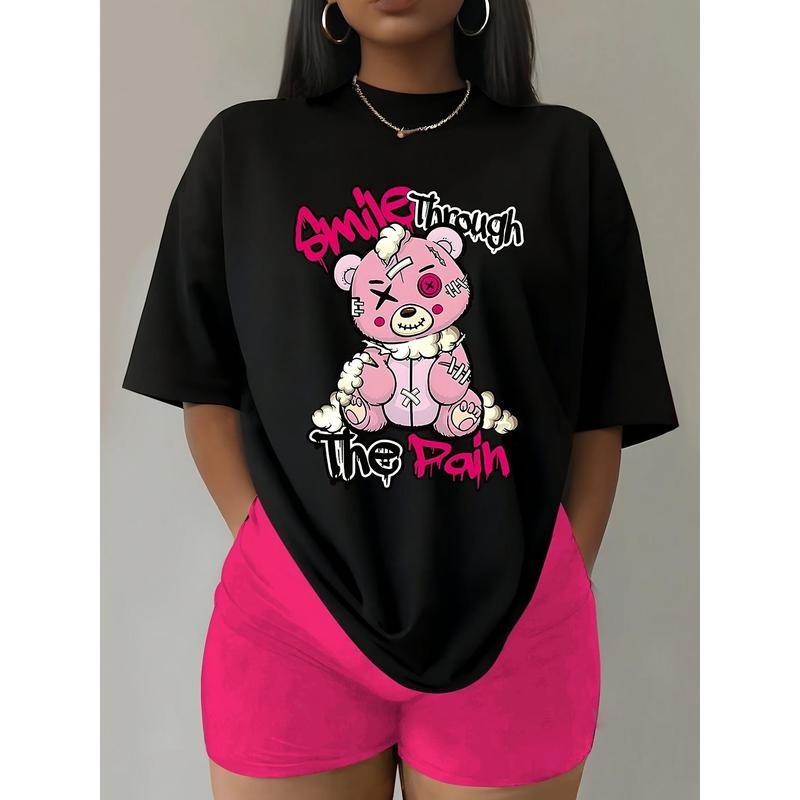Bear Print Crew Neck T-Shirt, Casual Short Sleeve Top for Spring & Summer, Women's Clothing Hoodie, Sweatshirt