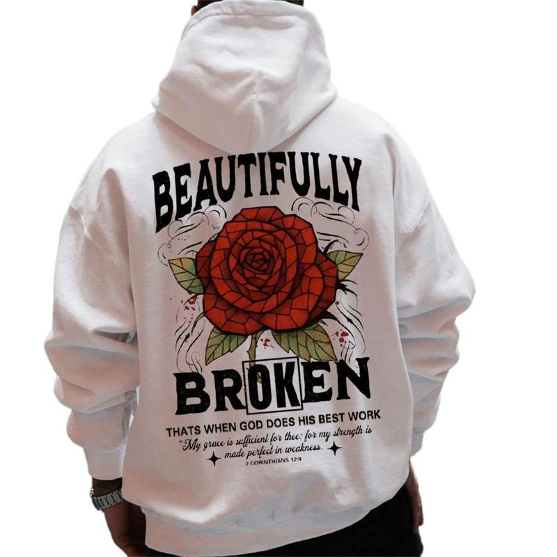Beautifully Broken Christian Graphic Hoodie Fleece Fabric Casual Hooded Sweatshirt Trendy Tops Perfect Gift T-Shirts
