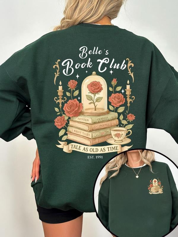 "Beauty Reading Club: Ancient Legends" printed sweatshirt, a dark green loose crew-neck sweatshirt, the perfect gift for bookworms. It is suitable for casual dates and literary gatherings as an inspirational outfit. It features a unique design from the re