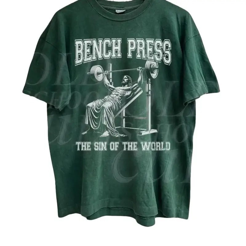 Bench Press The Sin Of The World Vintage 90s Shirt, Funny Christian Gifts , Christian Shirt, Gym Shirt Menswear...