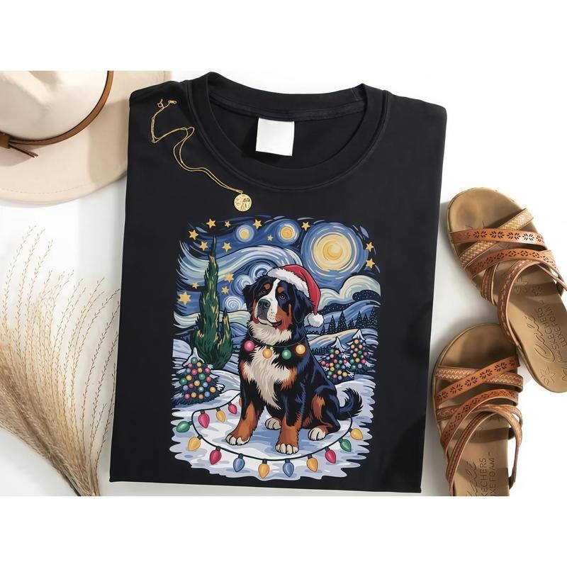 Bernese MountainChristmas Shirt, Santa Tee, Xmas Van Gogh Style Starry Night Hoodie, Sweatshirt | UrbanDripWear.com