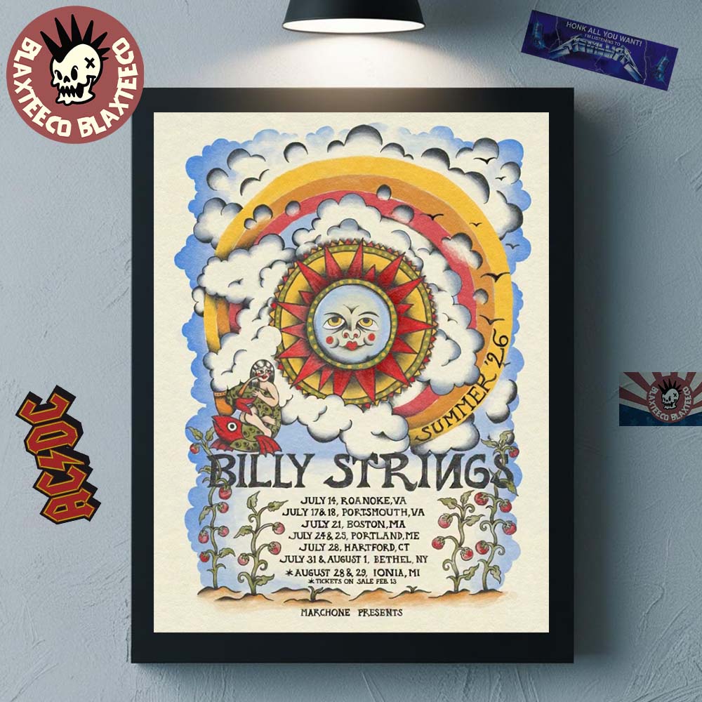 Billy Strings Summer 2026 Tour The Sun Art With Schedule Dates From July To August Home Decor Poster Canvas
