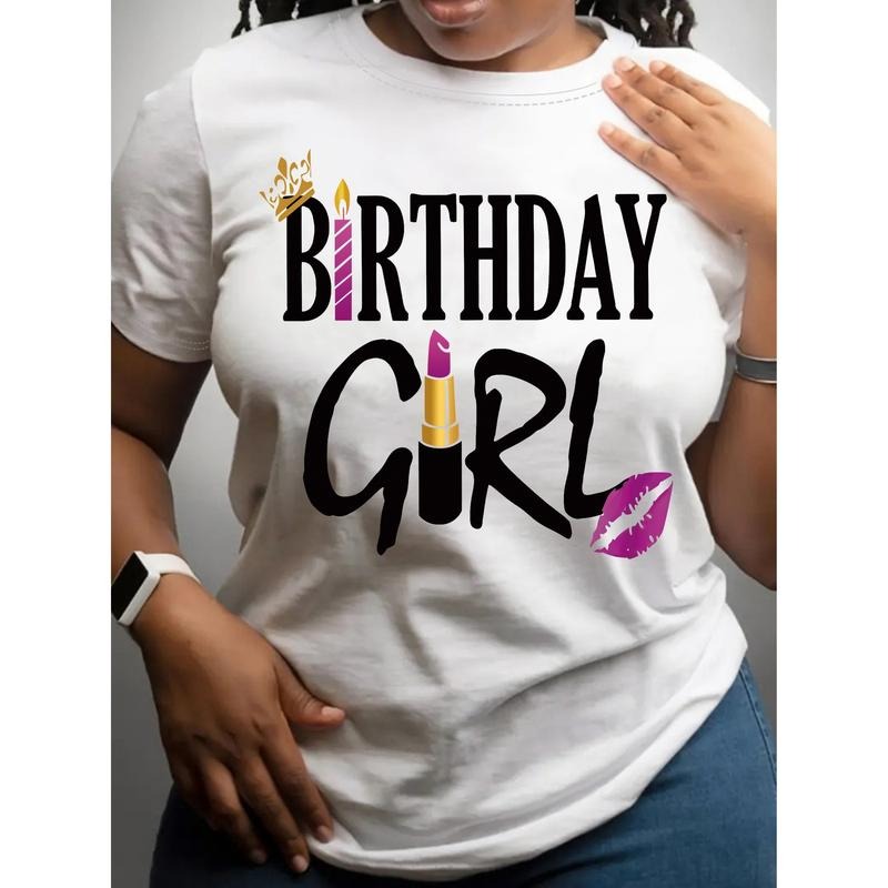 Birthday Girl Letter Print T-shirt, Short Sleeve round Neck Casual Top Summer and Spring, Women's Clothing Hoodie, Sweatshirt