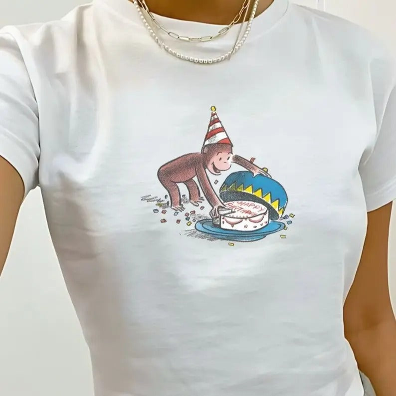 Birthday Girl Retro Cake Cartoon Tshirt - Baby Tee, Coquette Y2k 90s Clothing