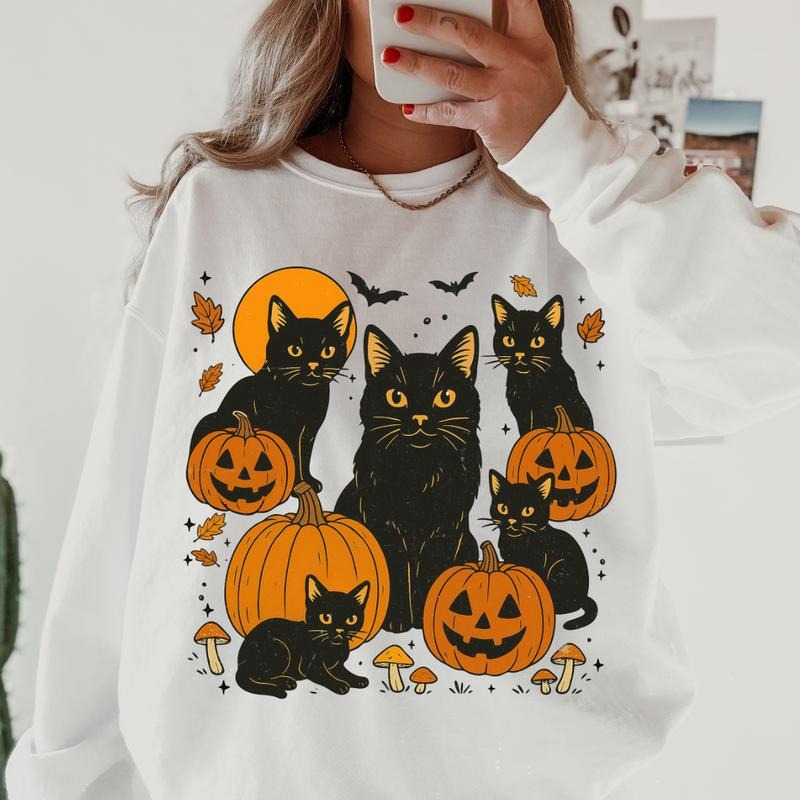 Black Cat Pumpkin Halloween Shirt ~ Unisex Apparel Relaxed Fit Printed In The USA Clothing Womenswear Casual Comfort...