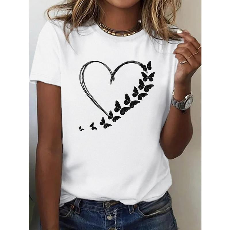 Black Cotton Women's T-Shirt | Loose Fit Round Neck Short Sleeve with Heart & Butterfly Graphic Print