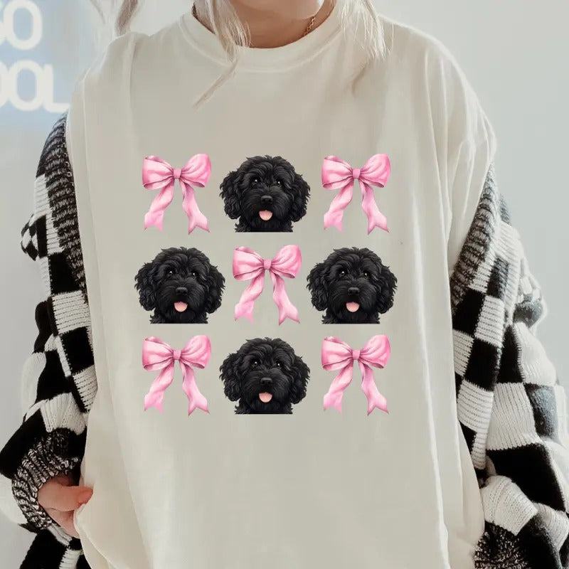 Black Golden Doodle with bows Shirt~ Unisex Apparel Relaxed Fit Printed In The USA Clothing Womenswear Casual Comfort...
