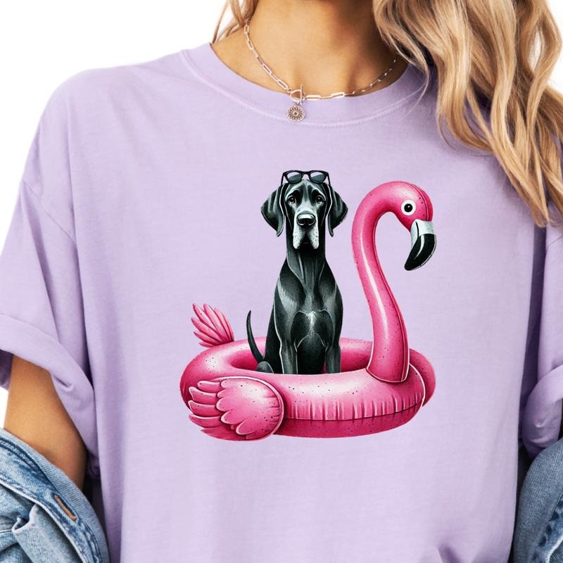 Black Great Dane Flamingo Float Dog Shirt ~ Unisex Apparel Relaxed Fit Printed In The USA Clothing Womenswear Casual...
