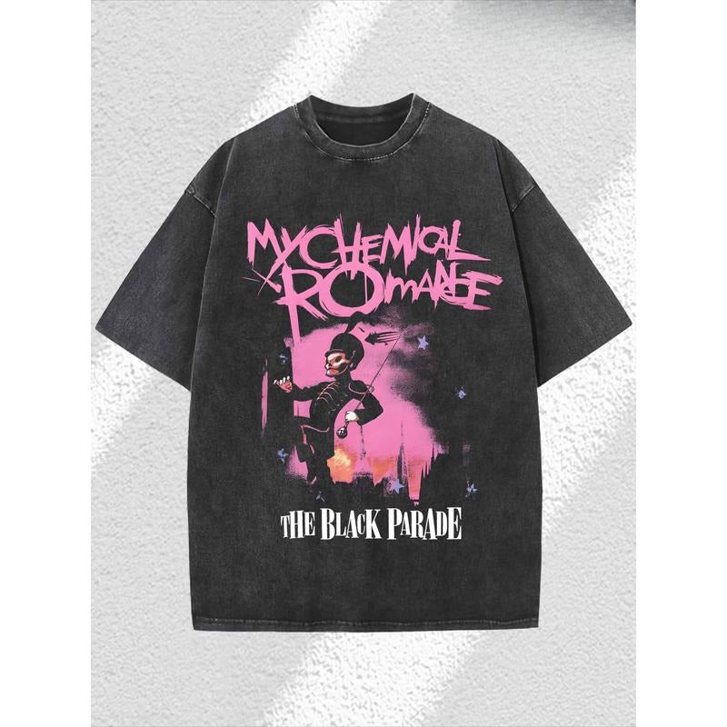 Black Parade Print, fine 230g washed old batik thickened cotton T-shirt,  fashionable casual fine cotton T-shirt,...