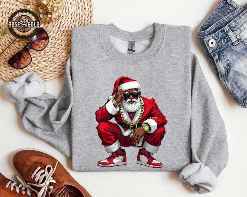 Black Santa Christmas Crewneck Sweatshirt, Hip Hop Santa African American Xmas Sweater, Gifts for Him T-Shirts, Hoodie