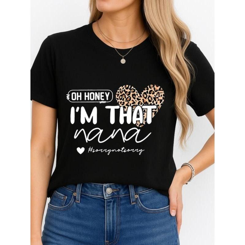 Black T-Shirt Leopard Heart Oh Honey I'm That Nana for Family Gatherings, Summer, personalized short sleeve tee, unisex,...