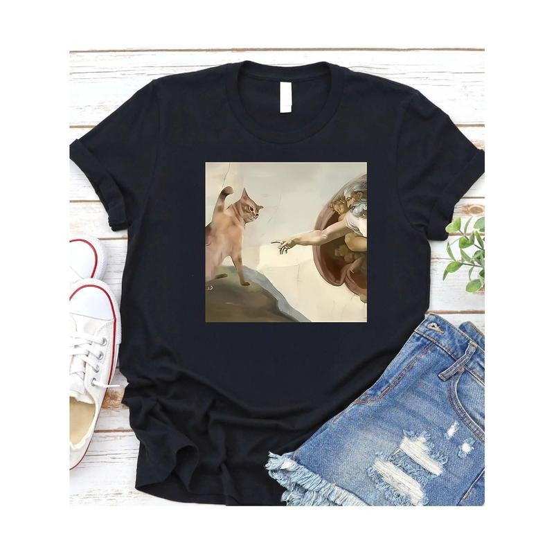 Black Women's Cotton T - Shirt: "The Creation of Cat" Art Parody Print Hoodie, Sweatshirt | UrbanDripWear.com
