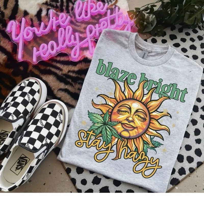 Blaze Bright Stay Happy  - Bleached Shirt - Gildan Hoodie, Sweatshirt | UrbanDripWear.com