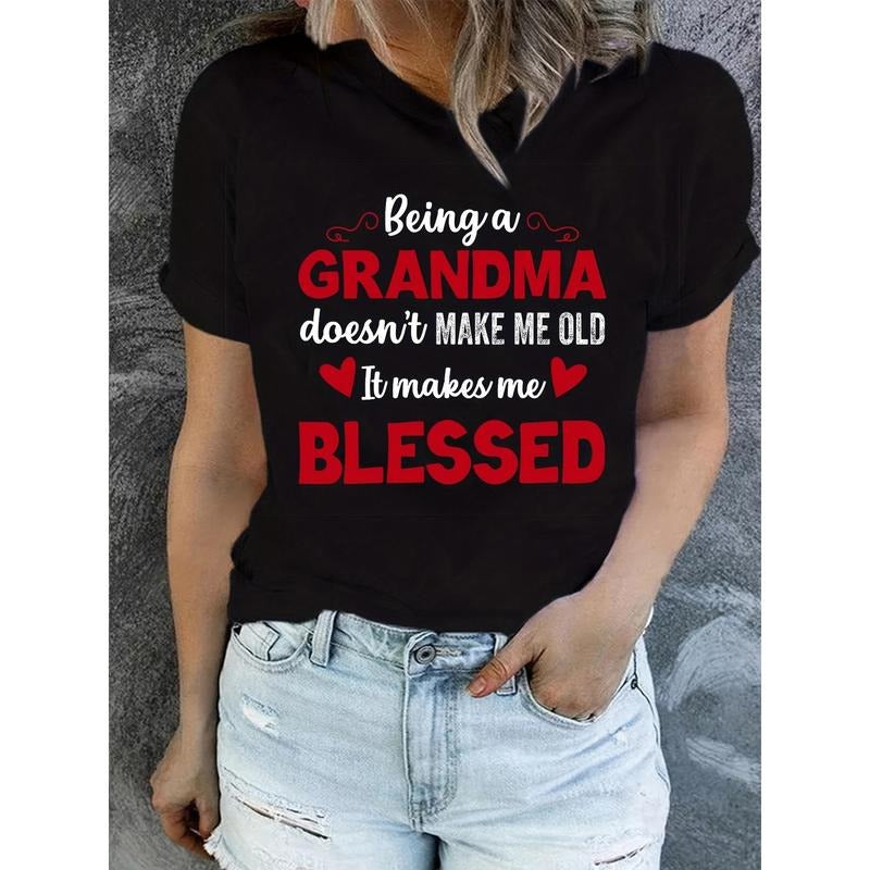 Blessed Grandma Print T-Shirt, Mother's Day Short Sleeve Crew Neck Casual Top For Spring & Summer, Women's Clothing...