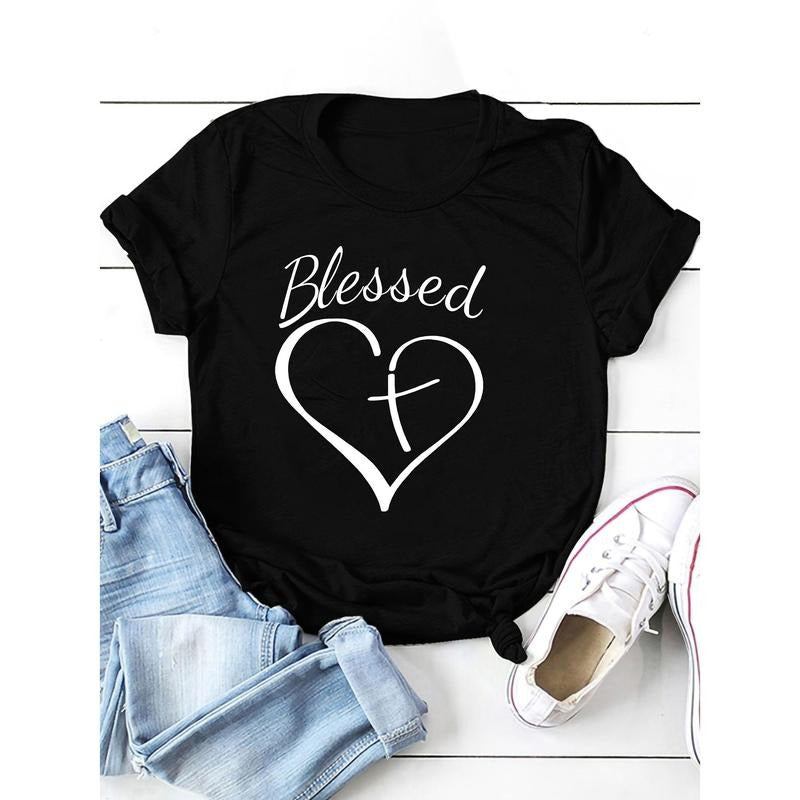 Blessed Heart & Cross Print T-shirt, Crew Neck Short Sleeve T-shirt For Valentine's Day Gifts, Women's Clothing style 02...