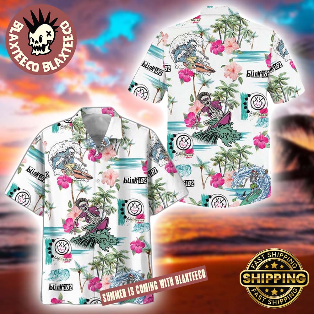 Blink 182 Skeleton Surfing White 2026 Tropical Hawaiian Shirt