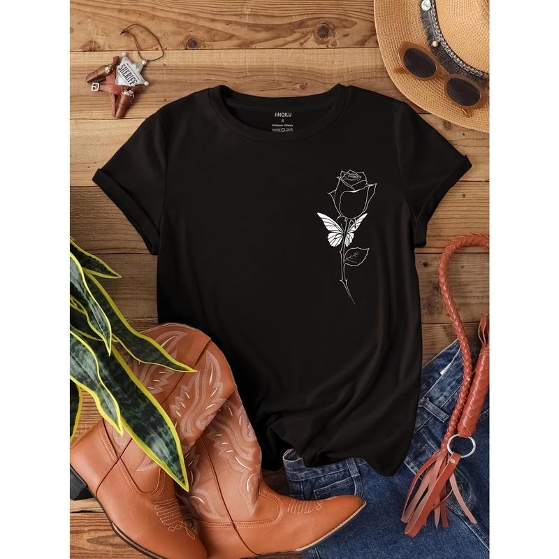 Bloom in Style: Chic Rose Print, Casual Crew Neck T-shirt - Comfortable, Easy-Care & Breathable for All Seasons, Women's...