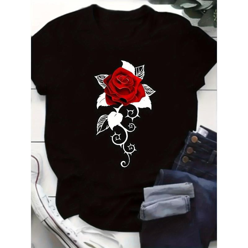 Blooming Rose Pattern Printed Women'S T-shirt - Summer Women'S Casual Fashion Sports Fitness Comfortable And Soft Daily...