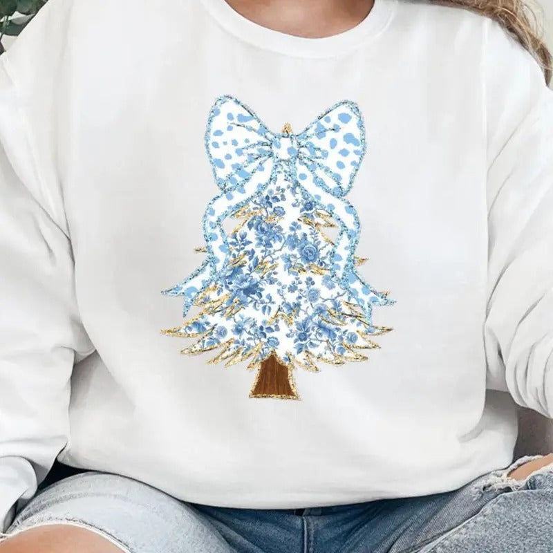 Blue Chinoiserie Tree Unisex NuBlend Crew Sweatshirt CHRISTMAS 2024 Chinoiserie Preppy Christmas T-Shirts, Hoodie
