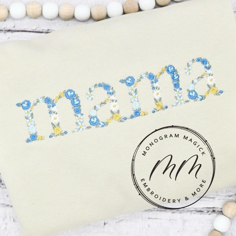Blue Floral Mama Sweatshirt Embroidered T-Shirts, Hoodie | UrbanDripWear.com