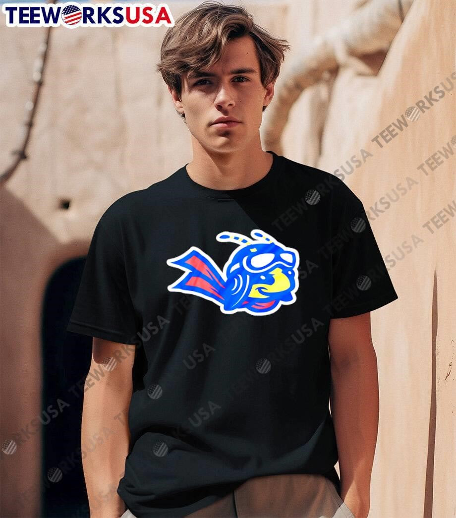 Blue Hornet Mascot Logo Flying With Goggles Sports Mascot shirt