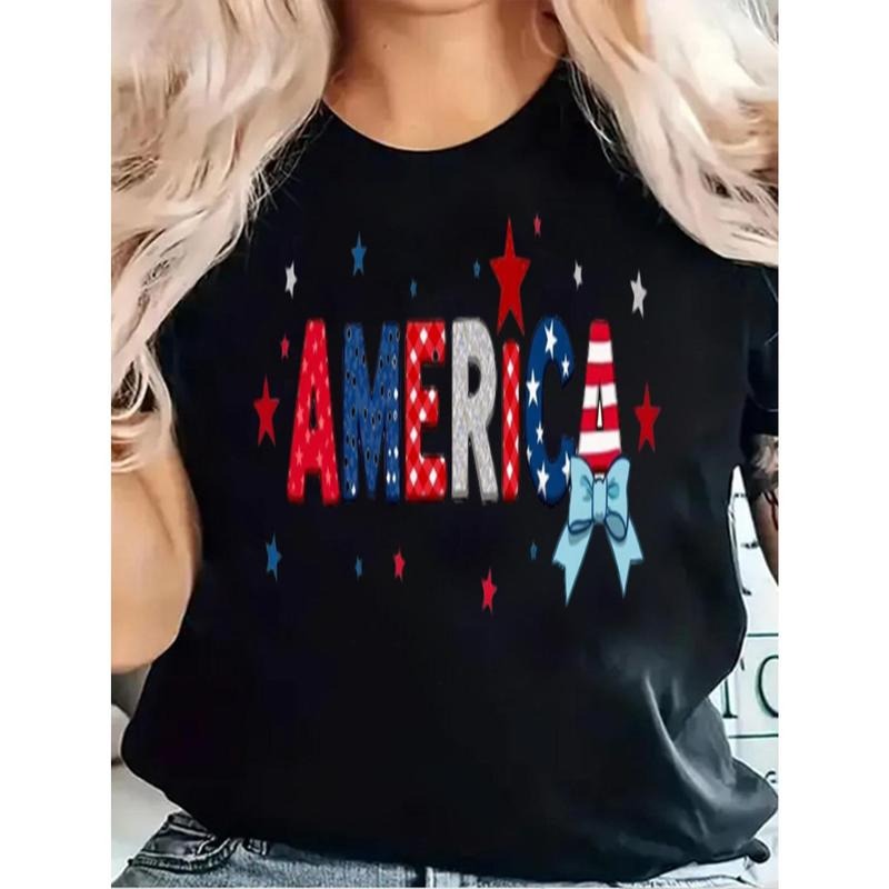 Women's Patriotic America Graphic T-Shirt - 100% Cotton Round Neck Short Sleeve Tee with Stars & Stripes Print, Red/Blue...