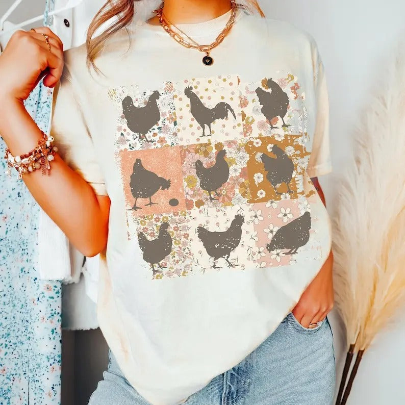 Boho Chickens Shirt, Retro Farmhouse Floral Backyard Chicken Tee, Cottagecore Aesthetic Clothing, Chicken Lightweight...