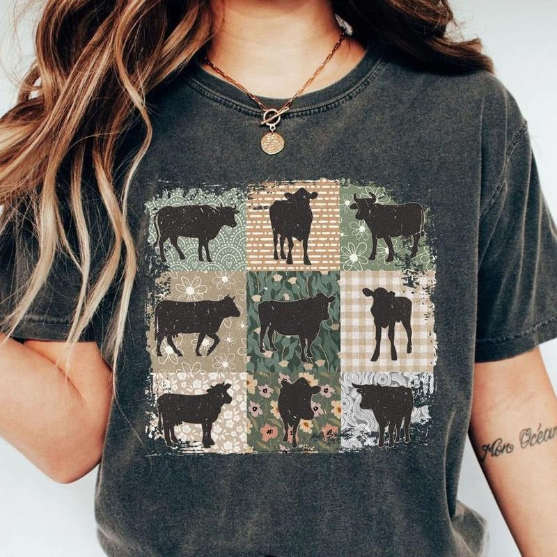 Boho Cow Shirt, Farm Shirt, Retro Farmhouse Shirt, Floral Cow Tee, Cow Shirt For Her, Women Shirt, Cottagecore Aesthetic...