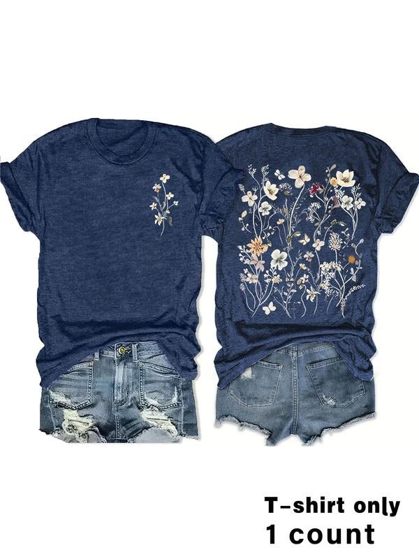 Boho Floral Print T-Shirt for Women, Vintage Style Summer Casual Top, Round Neck Short Sleeve, Comfortable Breathable Fit...