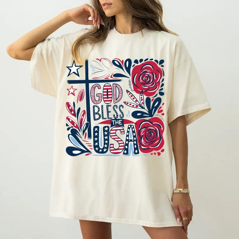 Boho Flowal God Bless The USA Shirt, Retro 4th Of July Tee, Patriotic American Independence Day Gift Hoodie, Sweatshirt