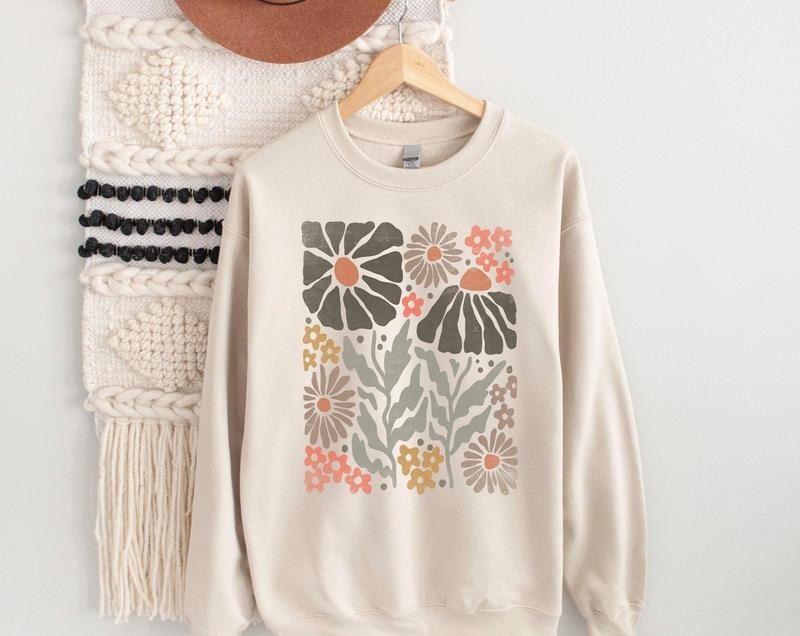 Boho Flower Sweatshirt, Vintage Floral Sweatshirt, Unisex Wildflower Sweater, Women Floral Minimalist Sweater, Flower...