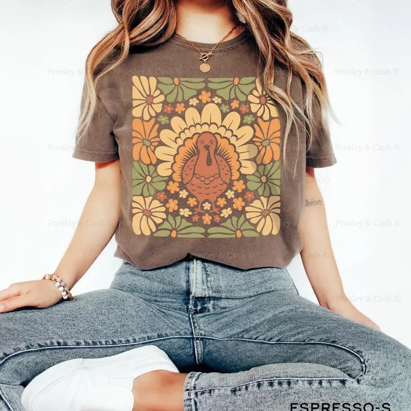 Boho Thanksgiving T-Shirt, Cute Thanksgiving Shirts Matching Family Shirts Retro Turkey Graphic Tee Trendy Thankful Shirt...