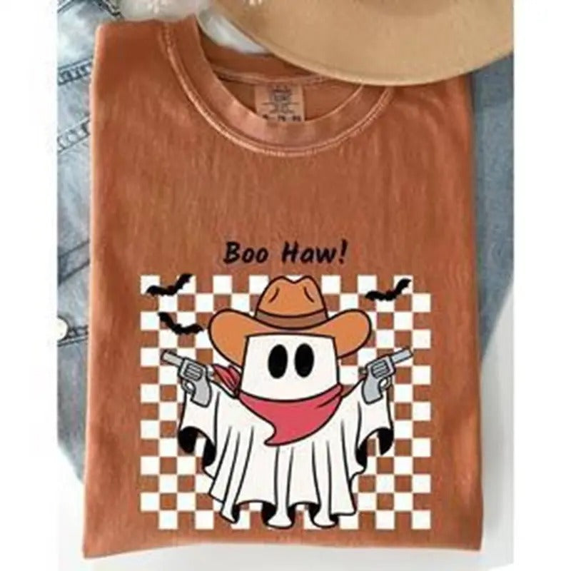 Boo Haw Cowboy Ghost Checkered Western Halloween Shirt, Cute Ghost Boo Shirt, Style Checkered Vintage Halloween Shirt...