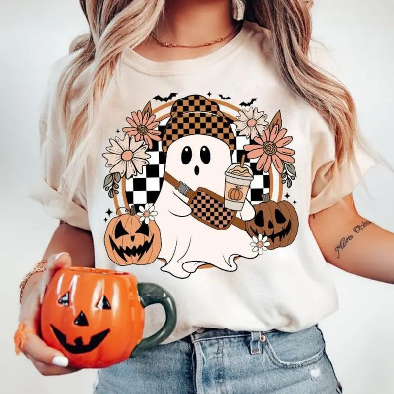 Boo Jee Halloween Ghost Sweater, Retro Pumpkin Ghost Tee Shirt, Spooky Ghost With Coffee T-Shirt, Coffee Ghost Halloween...