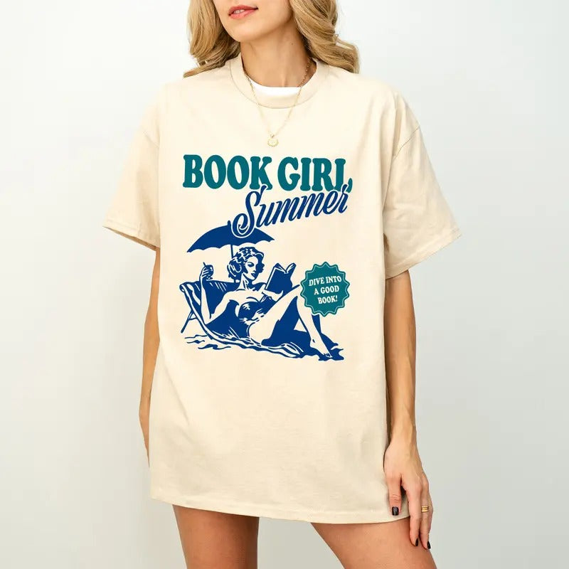 Book Girl Summer Shirt, Beach Book Lover Shirt, Summer Bookish Tee, Funny Reader Oversized Beach TShirt, Bookish Vacation...