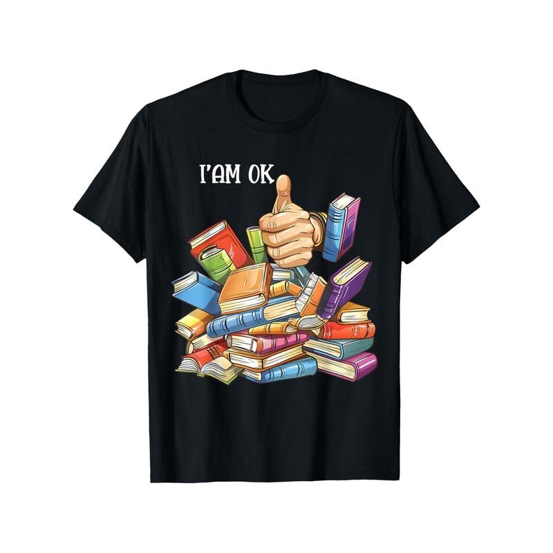 Book Lover Themed T-Shirt - 100% Cotton Crew Neck Tee with Colorful Book Stack & Thumbs Up Graphic - Comfortable,...