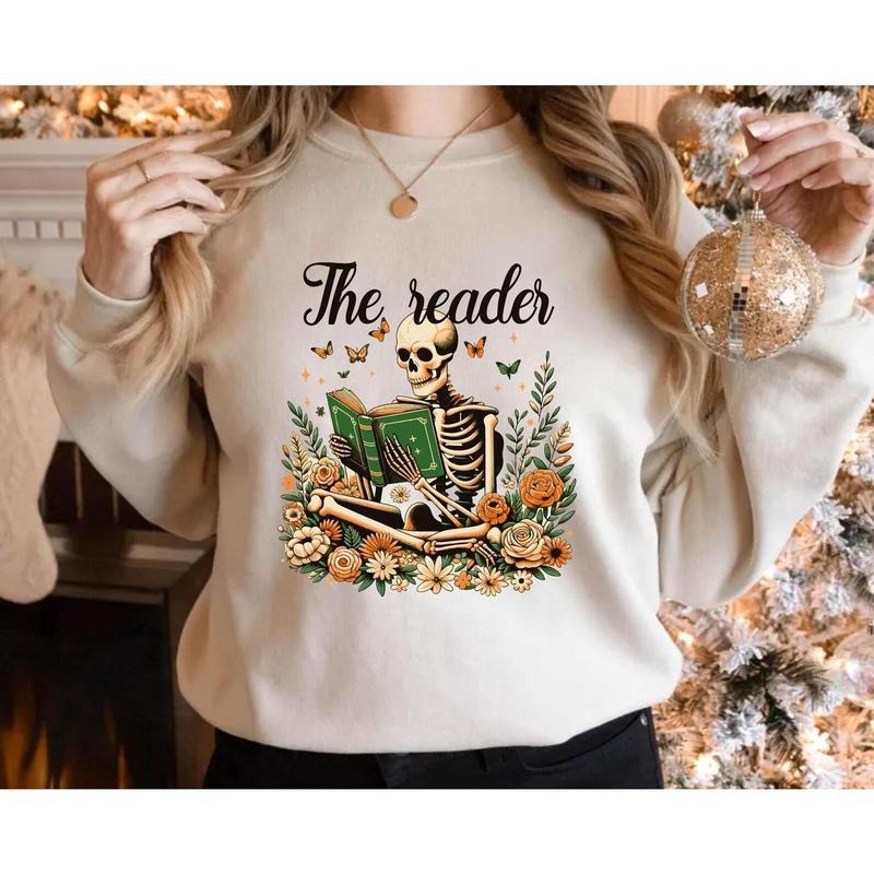 Book Reading Skeleton Sweatshirt, Gothic Skeleton Shirt, Floral Skeleton Tee, Book Lovers Sweater, Wild Flower Shirt,...